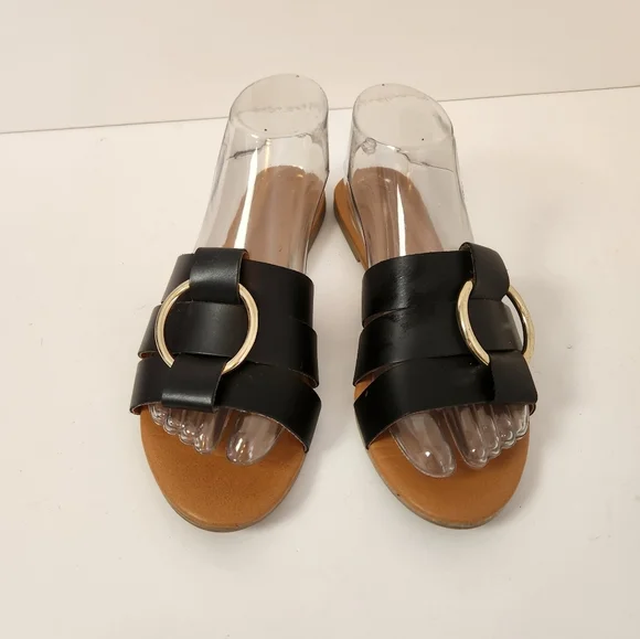 Pieces Vivi Black Leather Sandals Open Toe Slide On Shoes Size 38 7.5 8 Summer - Picture 5 of 13